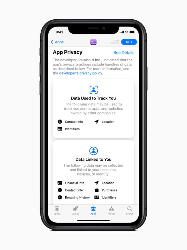 На страницах продуктов App Store перед загрузкой приводится сводка правил конфиденциальности каждого приложения.